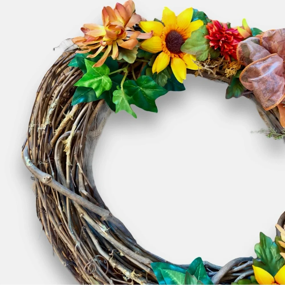 16” CUSTOM Rustic Farmhouse Sunflower & Daisy Floral Wooden Grapevine Wreath